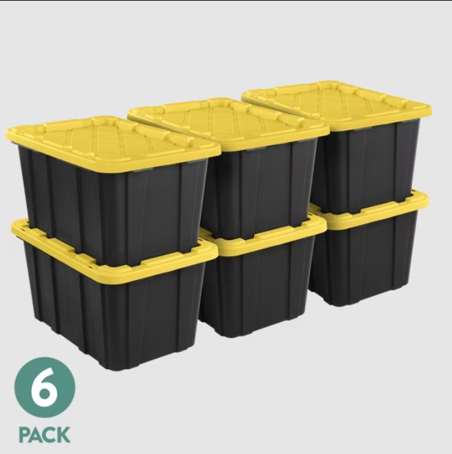 Sterilite Large Storage Bin, 27 Gallon Durable Plastic Storage Tote with Snap-On Lid, Black and Yellow, 6 Pack