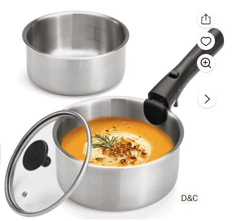 Carote 4 Pcs Stainless Steel Saucepan Set, Saucepans with Detachable Handle, Oven Safe, Induction Ready, Stackable Cookware, Kitchen Cooking Set