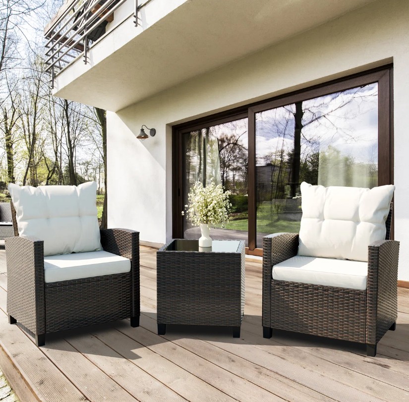 Arlayne 2-Person 3-Piece PE Wicker Patio Conversation Set with Cushions
