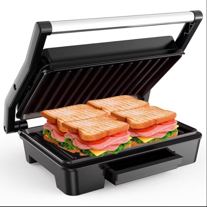 GPED Panini Press Sandwich Maker, 2 Slice Stainless Steel Panini Press Grill, Non-Stick Sandwich Press Maker with Removable Drip Tray for Any Thickness Sandwich, Burgers, Steak
