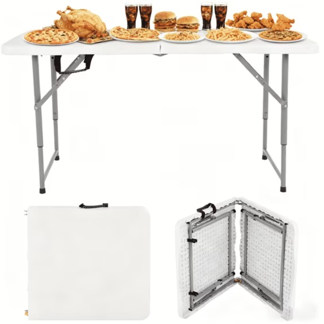NiamVelo 4 ft Folding Table Plastic Portable Tables w/Handle, Adjustable Height Camping Table for Home Office Party Picnic, White