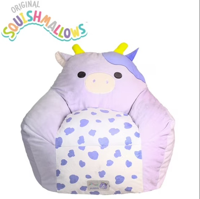 Squishmallows Official Bubba Bean Bag Chair – 30 in Wide Kids Squishy Soft Chair, Purple/White