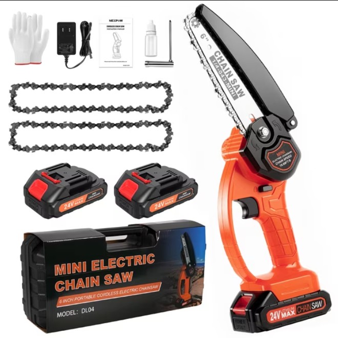 NEXPOW 6″ Mini Chainsaw with 2 Batteries and 2 Chains, 24V Battery Powered Cordless Handheld Electric Chainsaw for Wood Cutting Tree Trimming, Portable Chain Saw with Security Lock, Orange