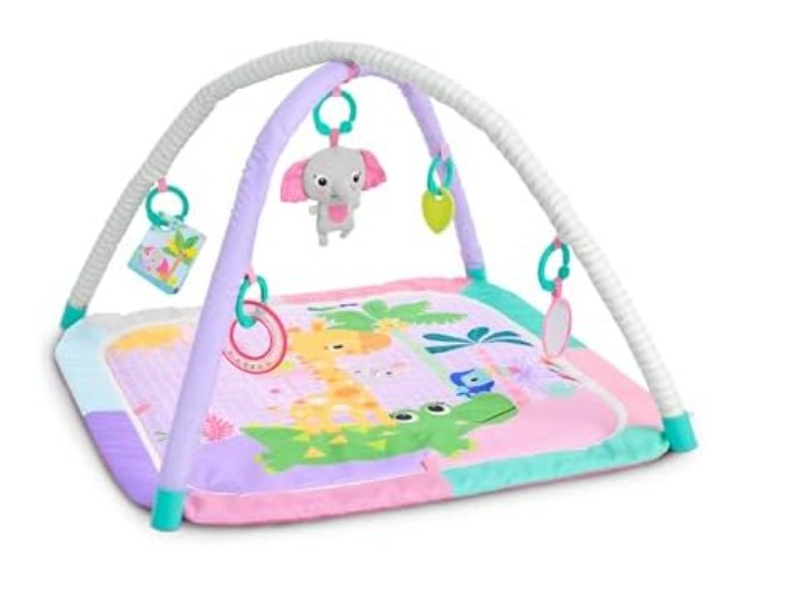 Bright Starts Wild Wiggles Sweet Safari Foldaway Baby Play Gym & Mat, Foldable with 5 Removable Toys, Machine-Washable Mat, for Ages 0-36 Months