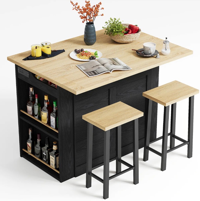 3 Pieces Kitchen Island Set with Storage Cabinet, Drawers, and 2 Stools