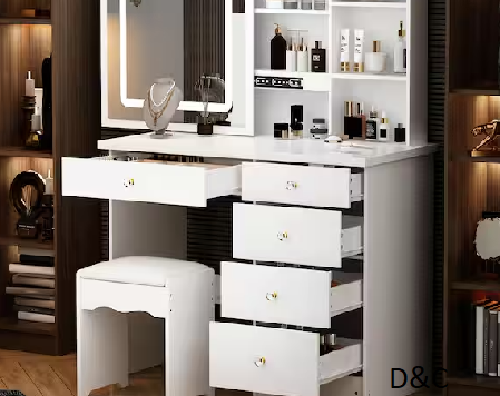 5-Drawers White Wood LED Push-Pull Mirror Makeup Vanity Sets Dressing Table 