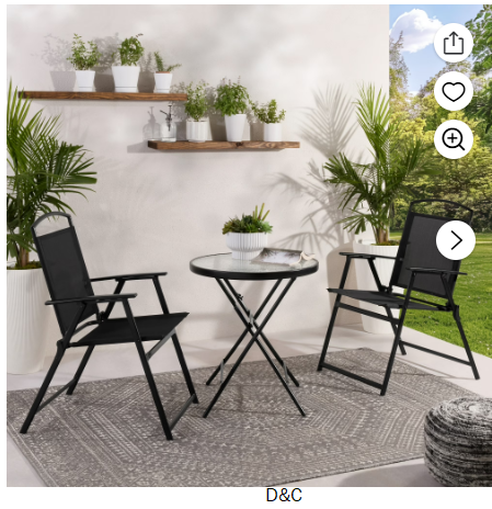 Mainstays Albany Lane 3-Piece Outdoor Bistro Set, Folding Chairs & Glass Table, Black