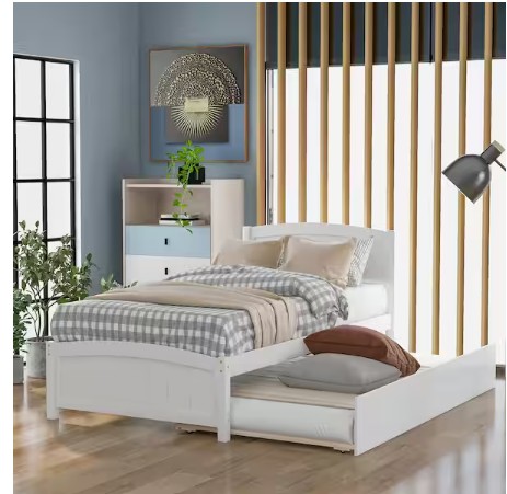 Classic 41.7 in. W White Wood Frame Twin Size Platform Bed with Trundle