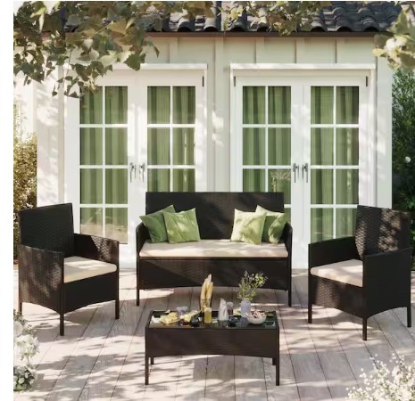 4-Pieces Black Wicker Patio Furniture Sets Patio Conversation Sets with Beige Cushion