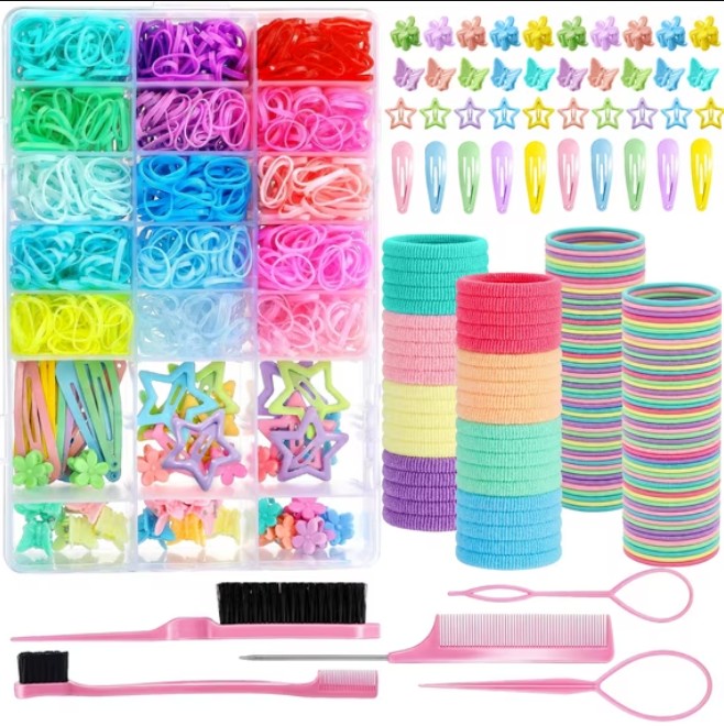Livhil Hair Ties, 24 Colors Hair Accessories for Girls, Rubber Bands for Hair, Elastic Hair Ties and Hair Clips, 1695pcs Girls Hair Ties