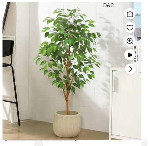 4FT Artificial Ficus Tree with Natural Wood Trunk and Lifelike Leaves, Silk Fake Potted Tree with Wood Branches, Faux Tree for Office Home Decor