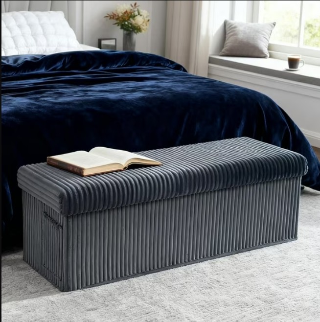 Pinmoco 43″ Folding Storage Ottoman Bench with Side Pocket, Corduroy Storage Bench Entryway Bench for Bedroom, Living Room, Gray