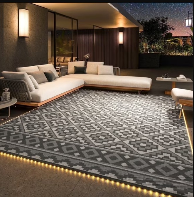 SIXHOME Outdoor Rug with LED Strip Light 9’x12′ Waterproof Reversible Patio Rug Modern Lightweight Plastic Straw Indoor Outdoor Rug for RV Camping Deck Balcony Porch Boho Patio Decor Light Gray