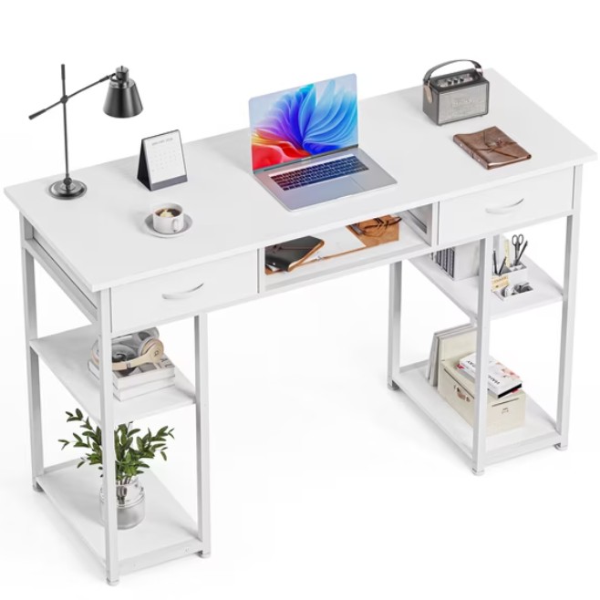 edx Small Desk with Drawers & Storage Shelves, 48 Inch Computer Desk Modern White Desk Gaming Writing Desk Study Table for Home Office, White