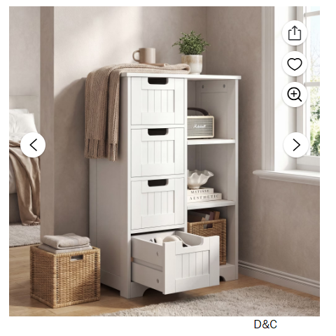 EDX Wooden Bathroom Floor Cabinet, Side Storage Organizer with 4 Drawers, 1 Cupboard & 2-Shelves, White