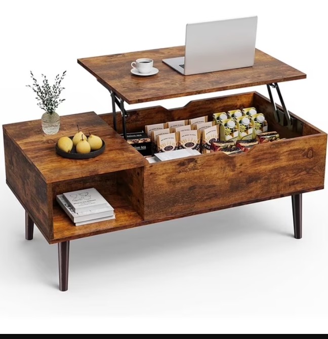edx Adjustable Height Wooden Coffee Table with Hidden Compartments and Shelves – Perfect for Small Homes, Apartments, Reception Rooms, Rust Brown