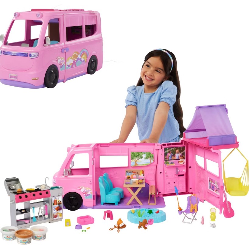 Barbie Dream Camper Playset with Roof Tent, BBQ Grill with Color-Change Feature and 60+ Accessories
