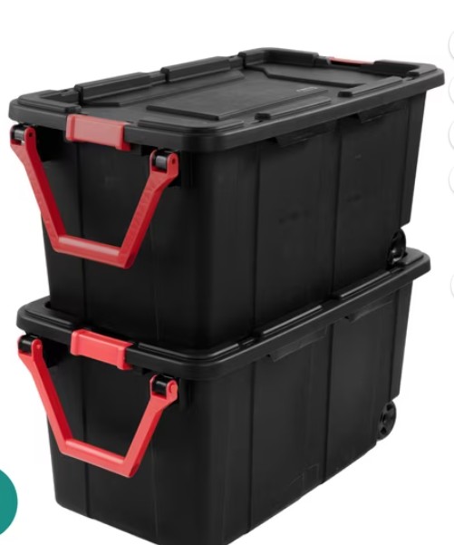 Sterilite Extra-Large Wheeled Industrial Storage Bin, 40 Gallon Durable Plastic Storage Tote with Latching Lid and Pull Handle, Black, 2 Pack