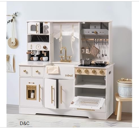 ROBUD Wooden Play Kitchen Set for Kids and Toddlers with Coffee Machine, Ice Maker, Microwave, Oven, Large Cabinet, 12 Accessories, Gift for 3+, White