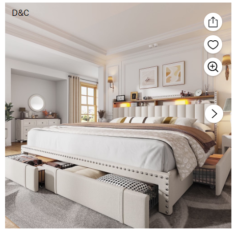 EnHomee King Bed Frame with 4 Drawers & 2-Tier Storage Shelf Upholstered King Size Bed Frame with Headboard Bed Frame King with Storage, Beige