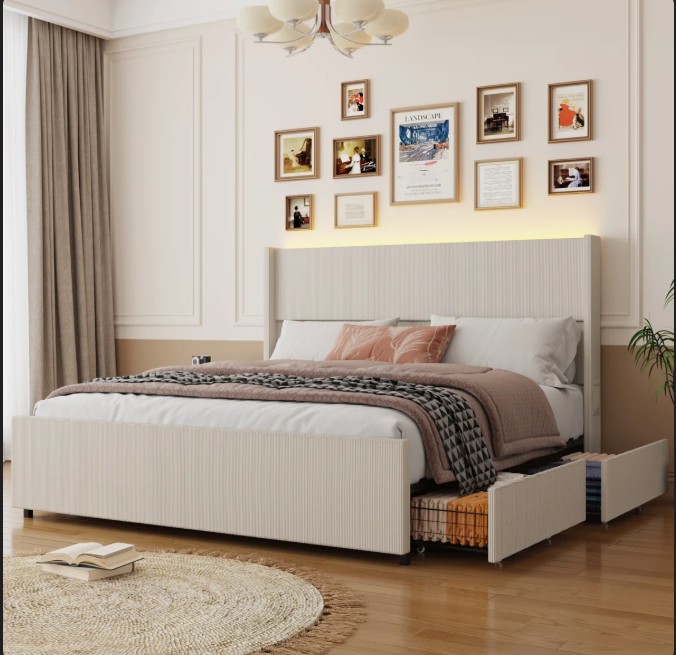 Corduroy Upholstered Platform Bed With Drawers, LED Light, Wingback Headboard, And Footboard, No Box Spring Needed