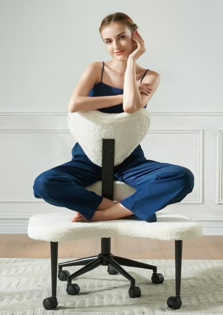 Pinmoco Cross Legged Office Chair, White Boucle Ergonomic Criss Cross Swivel Desk Chair, Heavy Duty Wide Seat for Meditation & ADHD, Armless