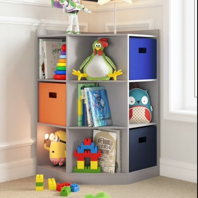 RiverRidge Kids Corner Playroom Cabinet with 6 Toy Storage Cubbies and 3 Shelves – Gray