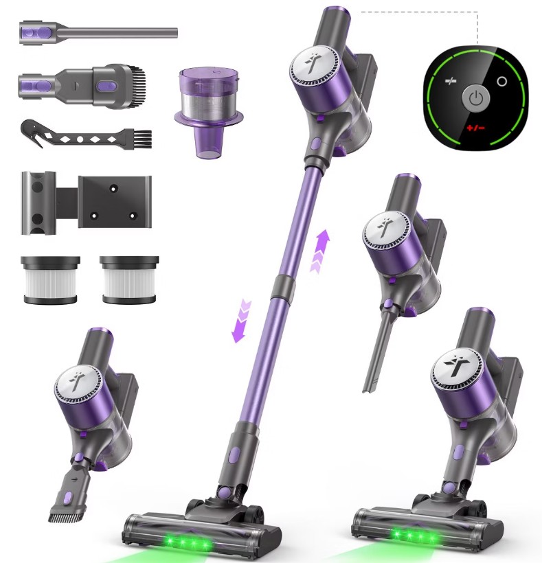 Teendow 50KPa Cordless Vacuum Cleaner, 300W brushless motor,Lightweight Stick Vacuum Cleaner for Hardfloor, Pet Hair and Carpet,Self-Standing Design