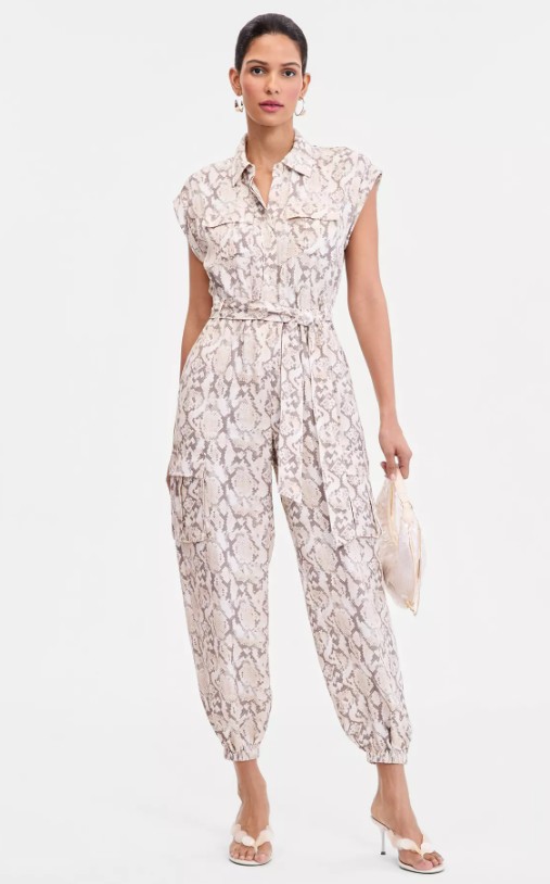 Women’s Short-Sleeve Snake Print Belted Jumpsuit