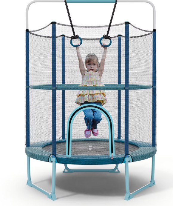 Costway 60” Trampoline for Kids w/Gymnastic Bar Rings Foamed Handle No Gap Design Blue