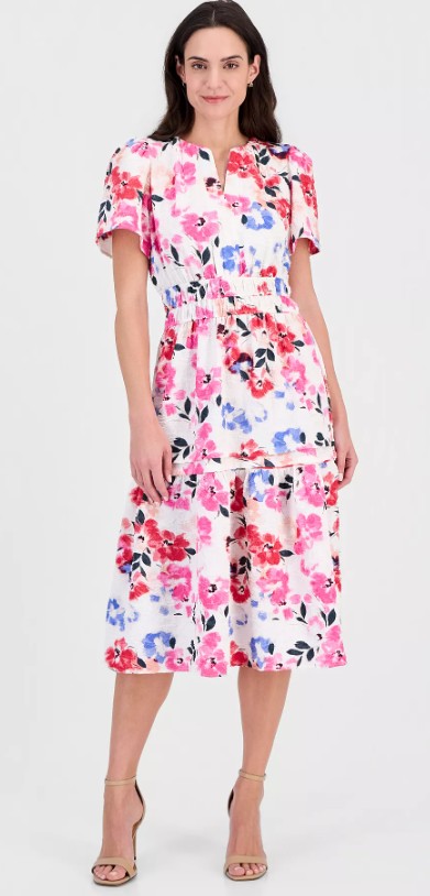 Women’s Short-Sleeve Elastic-Waist Midi Dress