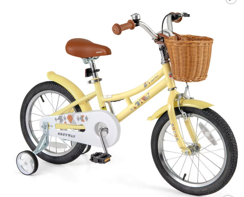 Costway 16” Kids Bike w/Height Adjustable Handlebar Seat Basket Bell Training Wheels Yellow