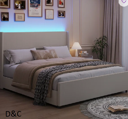 Corduroy Upholstered Platform Bed With Drawers, LED Light, Wingback Headboard, And Footboard, No Box Spring Needed