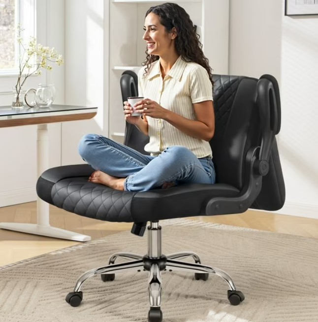 COOLHUT Criss Cross Office Chair with Flip Padded Backrest, Comfy PU Leather Cross Legged Desk Chair, Flip-Up Arms & Extra-Wide Seat for Home Office, Vanity Chair, Black