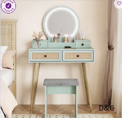 Iesa Boho Natural Rattan Vanity with LED Mirror and Stool
