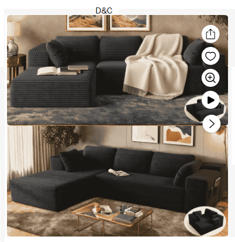 Sofa, Lofka 105″ Free Assembly L-Shaped Sectional with Pet Friendly Corduroy Fabric, Black for Living Room/Apartment