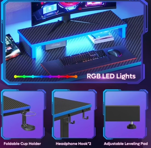 Bestier 42″ Gaming Desk PC Computer Table with LED Lights & Monitor Stand & Hook & Cup Holder in Blue