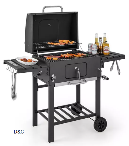 Ecooso Outdoor BBQ Charcoal Grill with 2 Foldable Side Table and Wheels