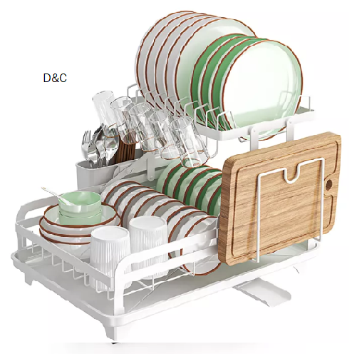 2-Tier Collapsible Multi-Functional Dish Drying Rack with Cutlery Box and Cup Holder