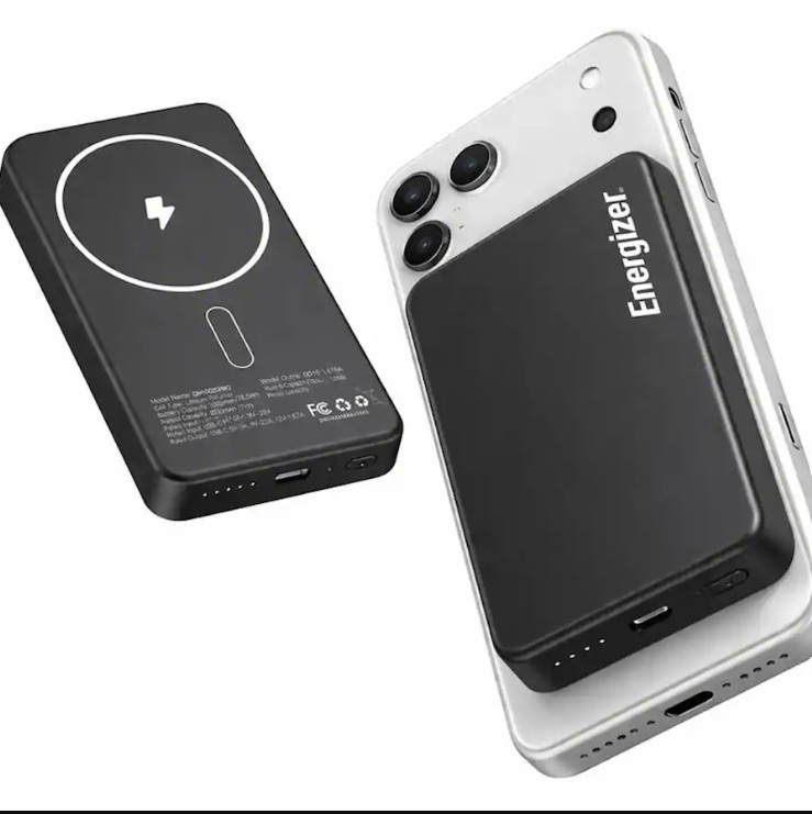 Energizer – 10,000mAh SLIM METAL 20W Magnetic Wireless Qi/Qi2.0/MagSafe PowerBank, Portable Charger, 2 Outputs, LED Display, & USB-C – Black