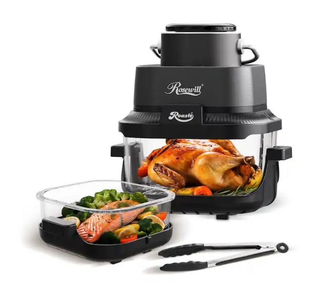 Rosewill – 8-in-1 Portable Glass Air Fryer, 5.5QT & 1.6QT Glass Pot with Lid & Tongs – Black