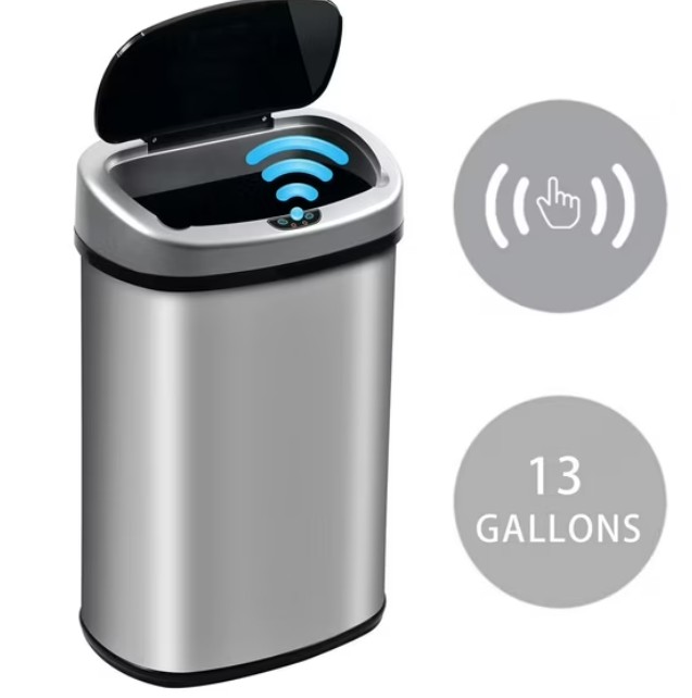NiamVelo Kitchen Trash Can with Lid, 13 Gallon Automatic Stainless Steel Garbage Can with Touch-Free & Motion Sensor, Anti-Fingerprint Mute Designed Waste Bin for Office Home, Silver