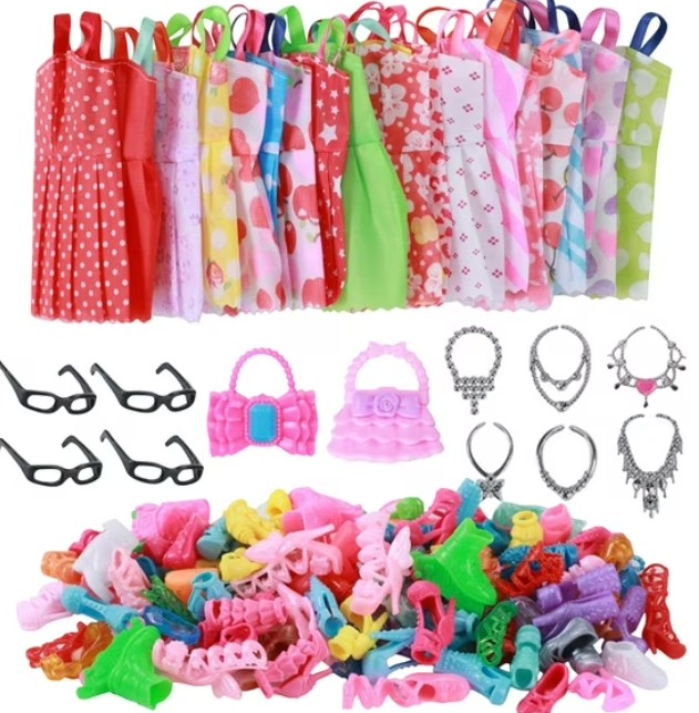 Home INC 32 Item/set Doll Accessories=10 Pcs Doll Clothes Dress+4 Glasses+6 Necklace+2 Handbag+10 Pairs Shoes For Barbie Doll