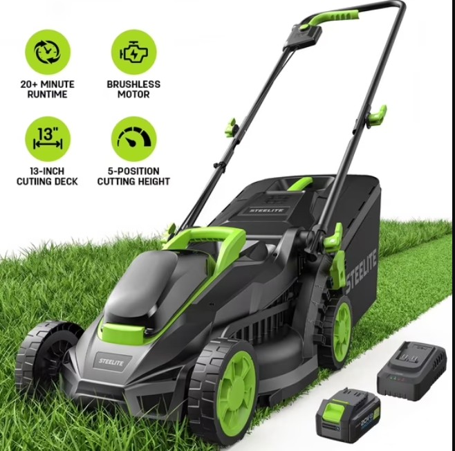 Steelite 13-Inch Cordless Lawn Mower, 21V Electric Lawn Mowers with Brushless Motor for Garden,5 Heights Adjustment, 4.0Ah Battery & Charger Included
