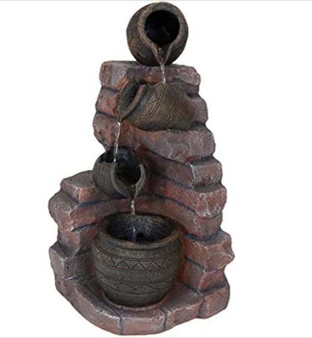 Sunnydaze Crumbling Bricks and Pots 27-Inch Solar Fountain with LED Lights and Battery-Powered Backup – Submersible Pump