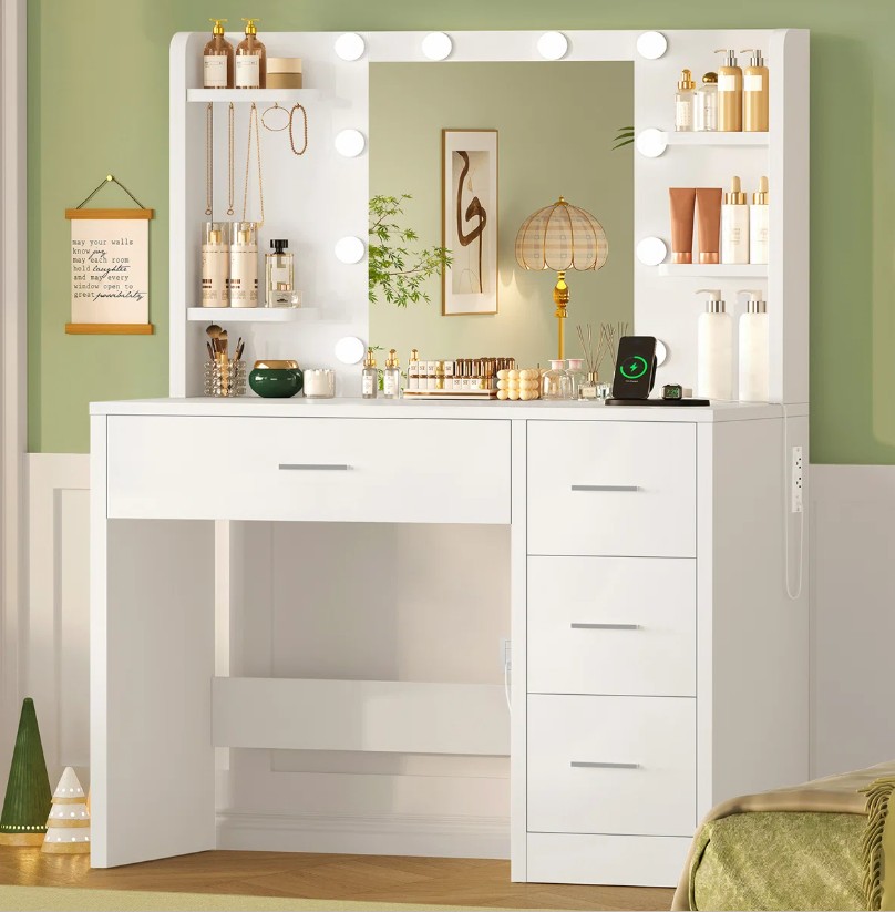 Makeup Vanity Desk With Mirror & Power Outlet, Vanity Desk With 4 Drawers & 4 Shelves & 5 Hooks, Vanity Table for Bedroom