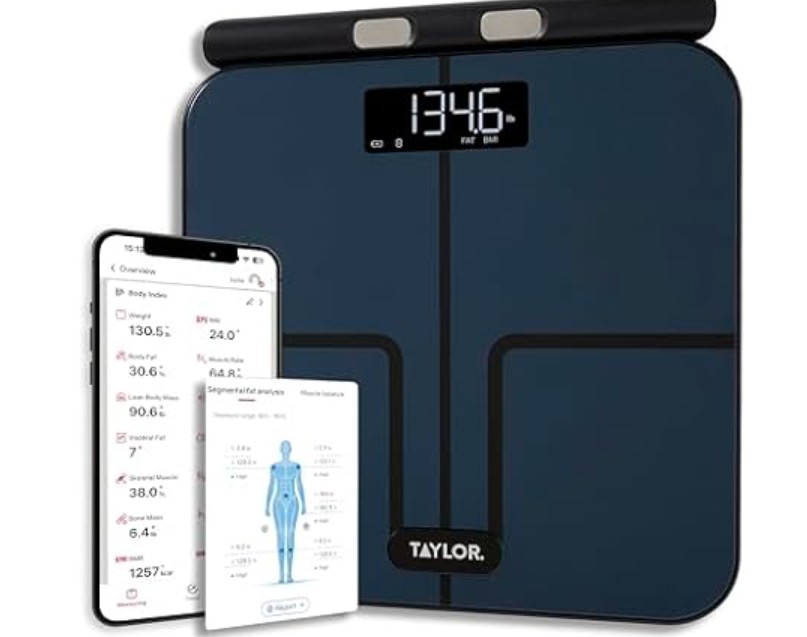 Taylor Smart Total Body Composition Scale with Precision Hub App, Retractable Handle, 11.8″ x 11.8″ Glass Platform, Vanishing 0.9″ LED Display, 440 lb Capacity, 8 Contact Points, Black