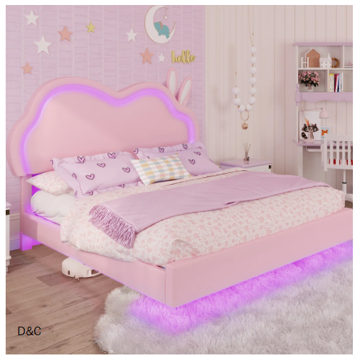 Zoomie Kids Floating Bed Frame with Adjustable LED Headboard and Leather Upholstered