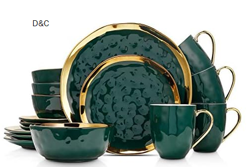 Stone Lain Florian Modern Porcelain 16 Piece Dinnerware Set, Plates and Bowls Set, Dish set for 4, Green and Golden Rim