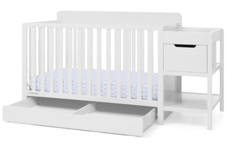 Delta Children Maya 5-in-1 Convertible Crib and Changer with Storage, Converts to Toddler Bed, Daybed, Sofa & Full Bed, Fits Standard Crib Mattress, 3 Mattress Heights for Baby Nursery, Bianca White